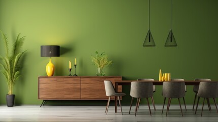 Interior design of modern dining room, wooden table and yellow chairs against green wall with sideboard, 3d rendering