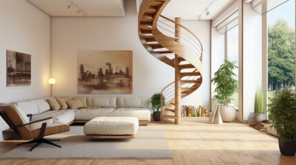 Interior design of modern living room with wooden spiral staircase