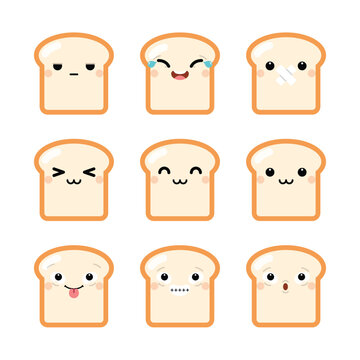 Set of cute cartoon toast bread emoji set isolated on white background. Vector Illustration.