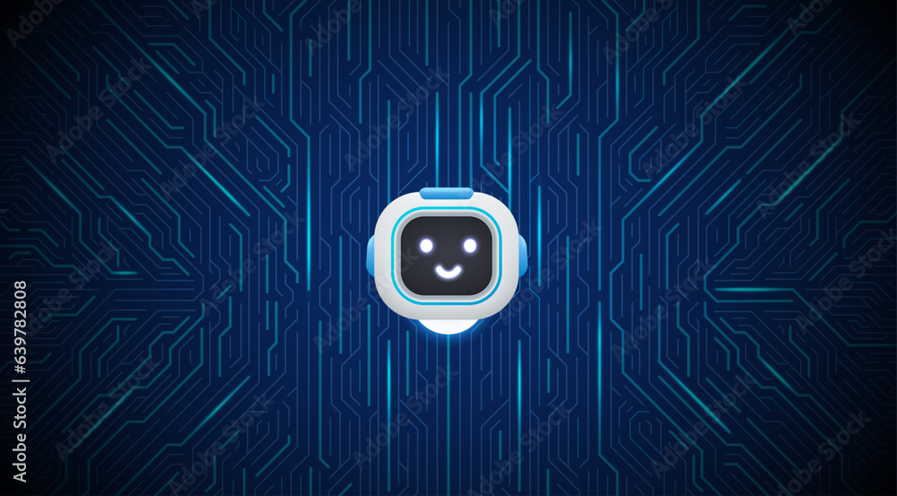 Poster chat bot with artificial intelligence on a circuit board, a digital chip with a robot head.