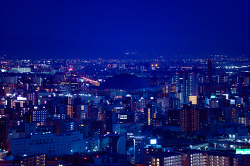 Fototapeta premium A dusk cityscape by high angle view near Kyocera dome in Osaka telephoto shot