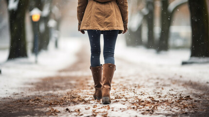 Back view of close-up of a womans leg walking in winter park.