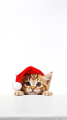 Red kitten in santa claus hat peeking out from behind a white table with copy space, isolated on white background.