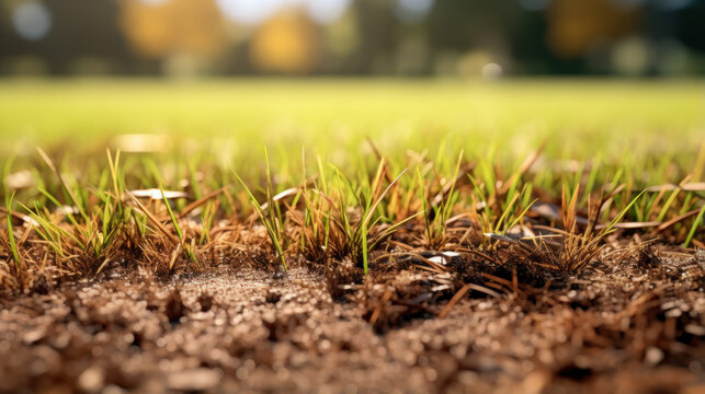 Ground and green grass. Dried ground texture. Scoops of brown dry clay in green nature