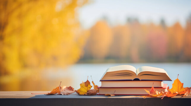 Books on autumn orange, yellow, purple leaves and blurry landscape and cloudy blue sky in background with copy space, national book lover day.
