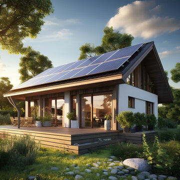 Solar panels glistening on the rooftop, harnessing the sun's energy to power a sustainable future. A modern blend of technology and nature - Generative AI