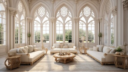 Luxury eastern interior design of modern living room with carved furniture and arched windows.