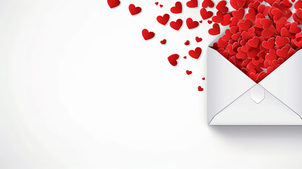 Envelope with red hearts on white copyspace background. Post gift idea for anniversary or Valentines day