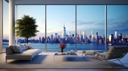 Minimalist apartment with New york city view. Interior design of modern living room