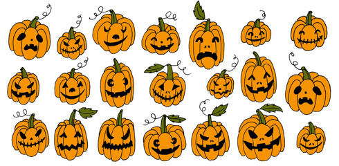 Set of hand drawn line art halloween holiday pumpkins with different shaped, creepy spooky eyes, smiles and leaves isolated on white.Web design elements for print,autumn decor.