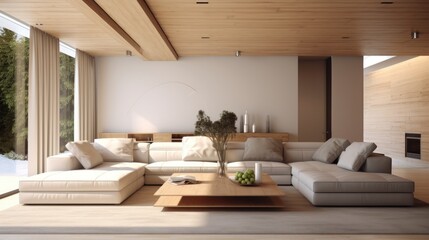 Fototapeta na wymiar Minimalist interior design of modern living room with two sofas and wooden planks ceiling.