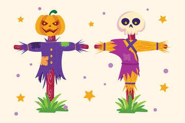 halloween background with pumpkin and straw man