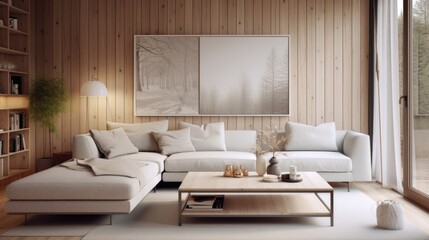 Minimalist scandinavian studio apartment. Interior design of modern living room with wooden paneling wall