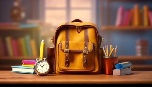 School Backpack with school supplies background - ai generative