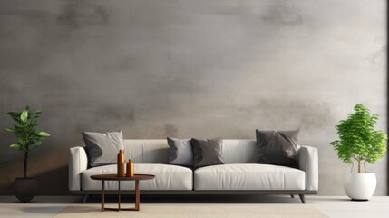 Fototapeta na wymiar Modern interior design of apartment, living room with gray sofa over the concrete, stucco wall. Home interior. Loft style 3d rendering