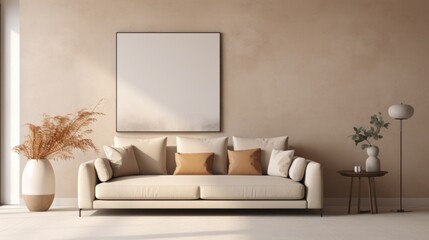 Modern interior design of apartment, living room with beige sofa over the light stucco wall.