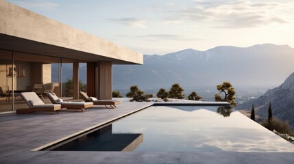 Modern minimalist concrete house in mountains. Luxury villa with terrace and pool