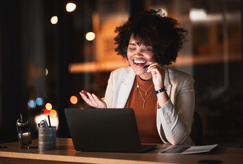 Business woman, call center and laptop for night communication, e commerce sales and telemarketing....