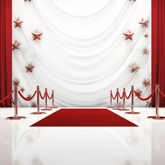 A Red Carpet and Velvet Ropes Leading to a White Backdrop - obrazy, fototapety, plakaty