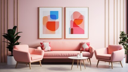 Pink sofa and chair near wall with two art poster mock up frames. Postmodern memphis style interior design of modern living room