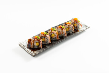 Matsusaka Grilled meat sushi roll. Japanese tradition meal. Japanese food isolated on white background