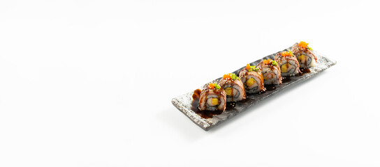Matsusaka Grilled meat sushi roll. Japanese tradition meal. Japanese food isolated on white background