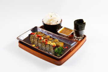 Pickled Shrimp Bento fresh garlic topping.  Japanese food bento box set with Rice  Salad and Main Course. Japanese food isolated on white background