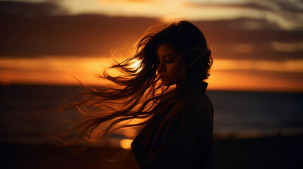 Beautiful female silhouette against the backdrop of a bright sunset.
