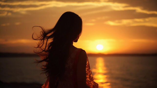 Beautiful female silhouette against the backdrop of a bright sunset.