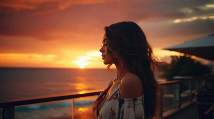 Fototapeta premium Beautiful female silhouette against the backdrop of a bright sunset.
