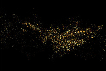 Texture golden glitter, black background. Golden particles of shiny confetti. Festive background.
