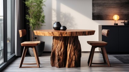 Solid wood dining table and stump stool near it. Interior design of modern living or dining room