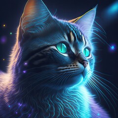A portrait of a cat in holographic lighting