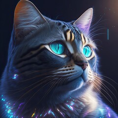 A portrait of a cat in holographic lighting