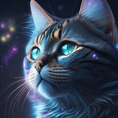 A portrait of a cat in holographic lighting