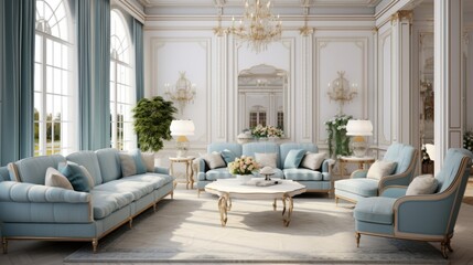 Spacious classic room with comfortable sofas. Neoclassical interior design of modern living room.