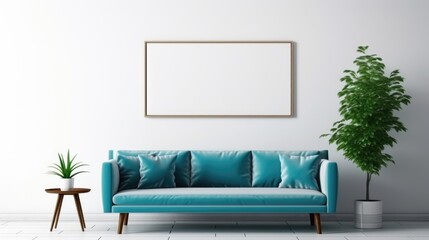 Teal sofa and big mock up canvas poster on white wall. Mid century interior design of modern living room
