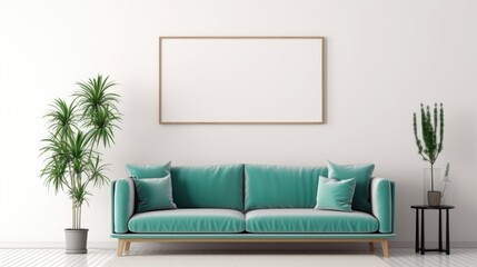 Teal sofa and big mockup poster frame on white wall. Scandinavian interior design of modern living room