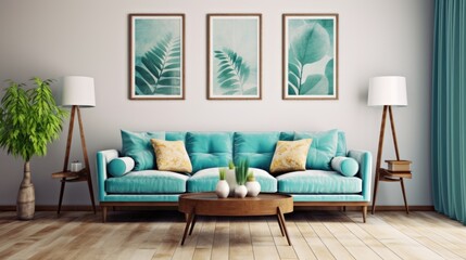  Teal sofa and three big posters. Mid century style interior design of modern living room