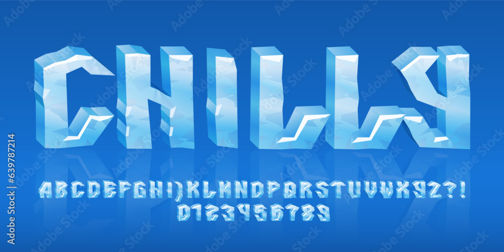 Poster chilly alphabet font. 3d cartoon ice letters and numbers. stock vector typeface for your typography 