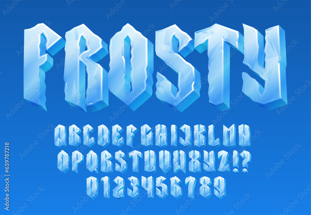 Poster frosty alphabet font. 3d cartoon ice letters and numbers. stock vector typeface for your typography 