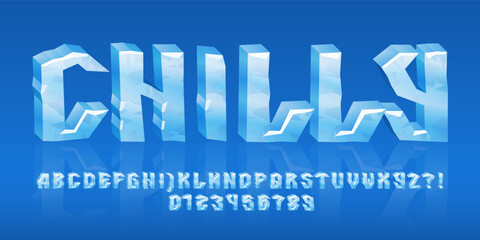 Chilly alphabet font. 3D cartoon ice letters and numbers. Stock vector typeface for your typography design.