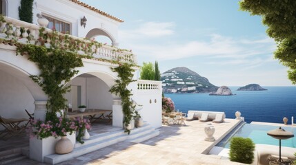 Fototapeta na wymiar Traditional mediterranean white house with sea view