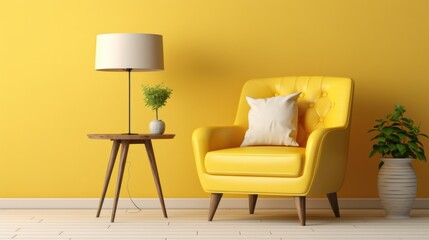 Tufted armchair and coffee table with lamp near yellow wall. Interior design of modern living room