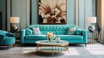 Turquoise sofas in luxury room. Art deco style interior design of modern living room