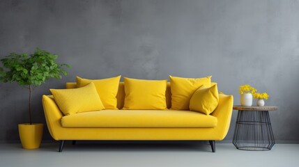 Vibrant yellow sofa with colorful cushions. Minimalist style home interior design of modern living room.