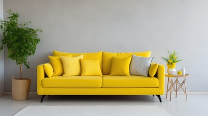 Vibrant yellow sofa with colorful cushions. Minimalist style home interior design of modern living room