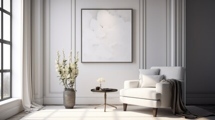 Fototapeta na wymiar White armchair and poster on the wall. Interior design of modern neoclassical living room