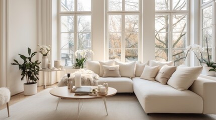 White fabric sofa against of big french window. Scandinavian interior design of modern living room