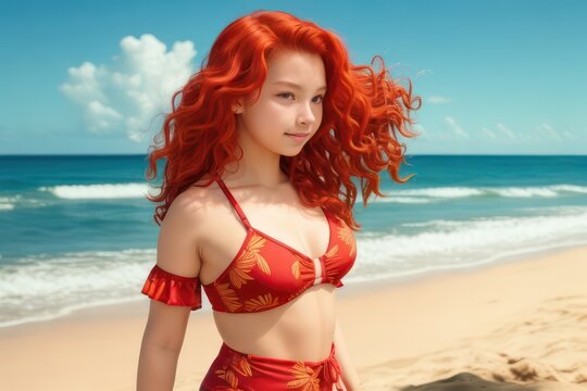 Illustration of a beautiful woman with red hair wearing a red bikini Pose like a pro on the beach.generative AI